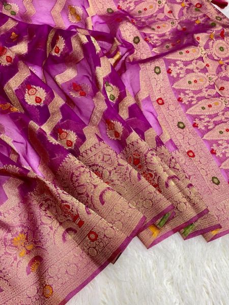 New Arrivals Banarasi Weaving Minakari Orgenza Saree Designer Wedding Sarees Wholesale