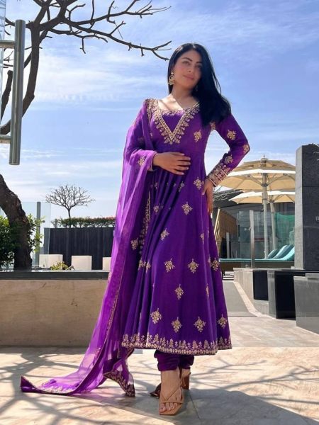 Purple Color  Heavy Pure Satin Silk Gown Pant With Dupatta Ready To Wear Collection