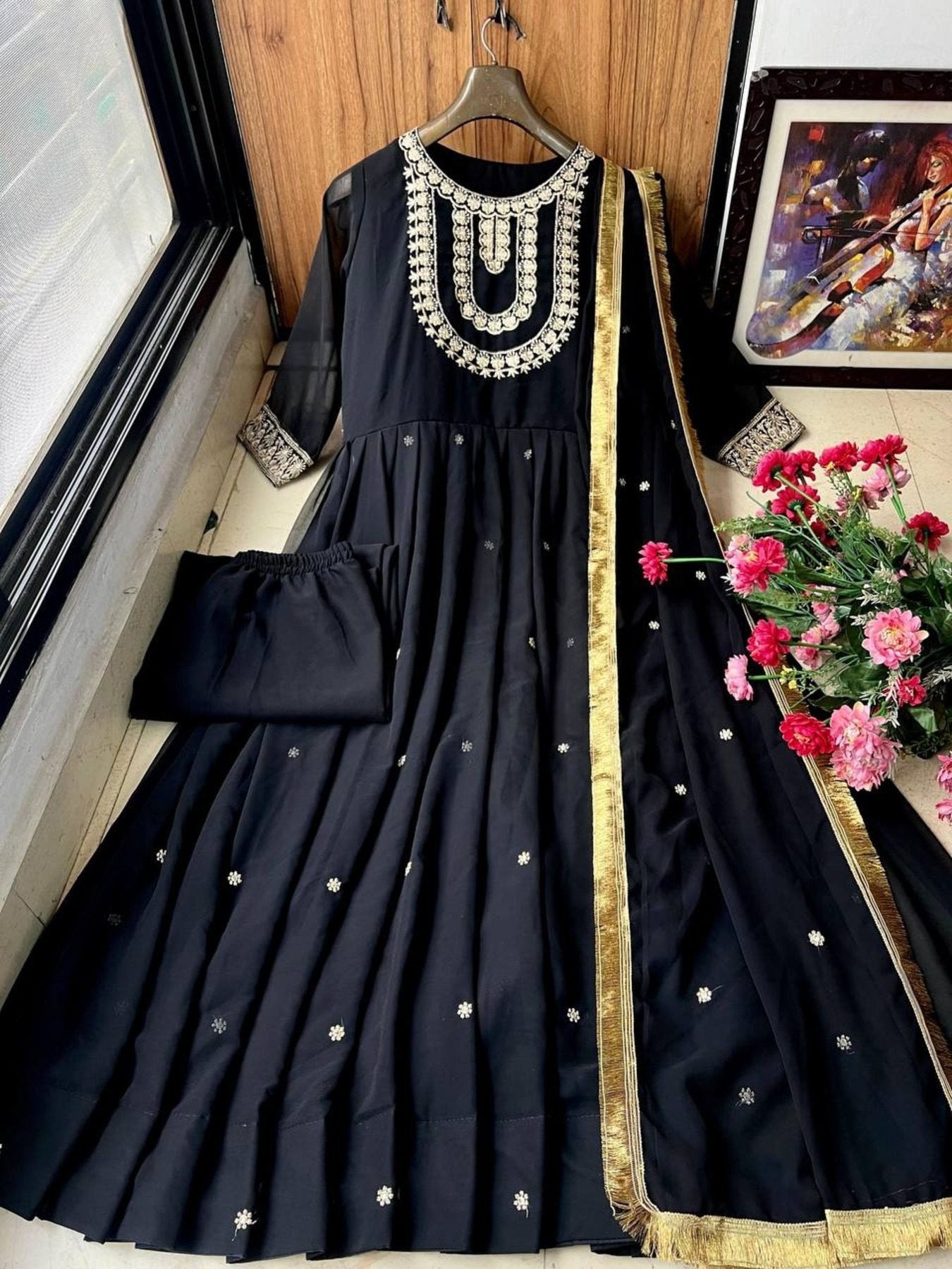 princess polly baby blue dress Trending Black Color Velvet Anarkali Gown with Dupatta – KAALGI main image 1