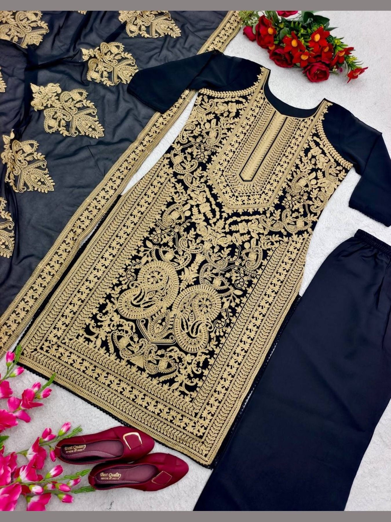 Women Black Fox Georgette Embroidery Work Kurta Set With Dupatta