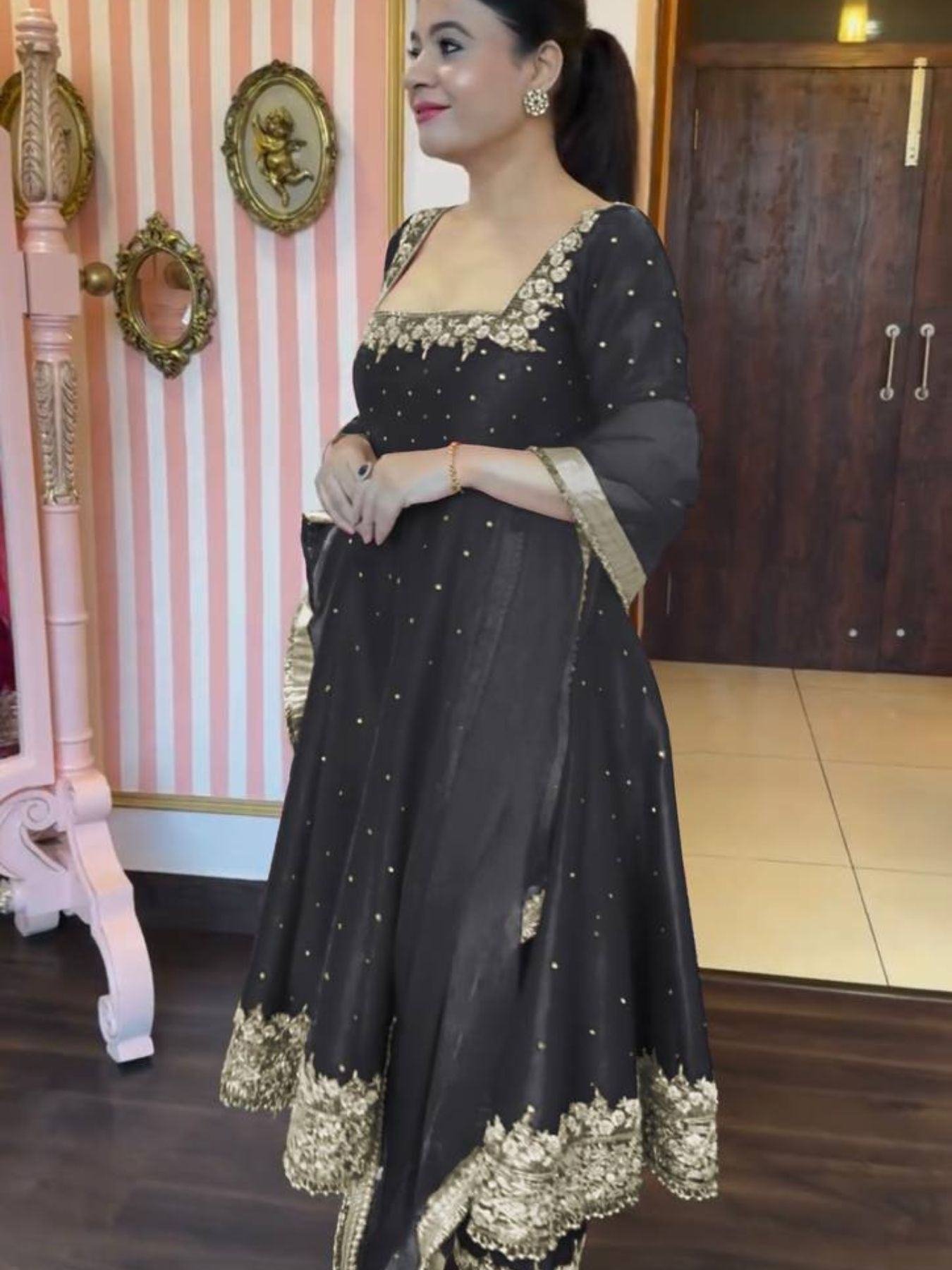 gold prom dress looks Black & Gold Parsi Gara Hand Embroidered Dupatta