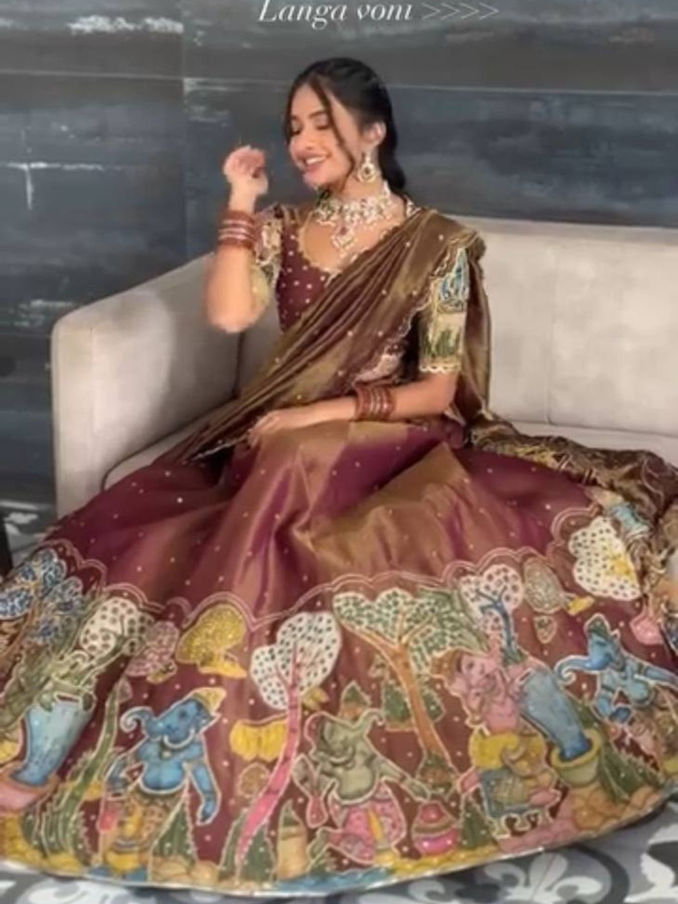 Brown Tissue Jari Kalamkari Print Wedding Wear Semi Stitched Lehenga Choli With Embroidery Work Bollywood Lehenga Choli