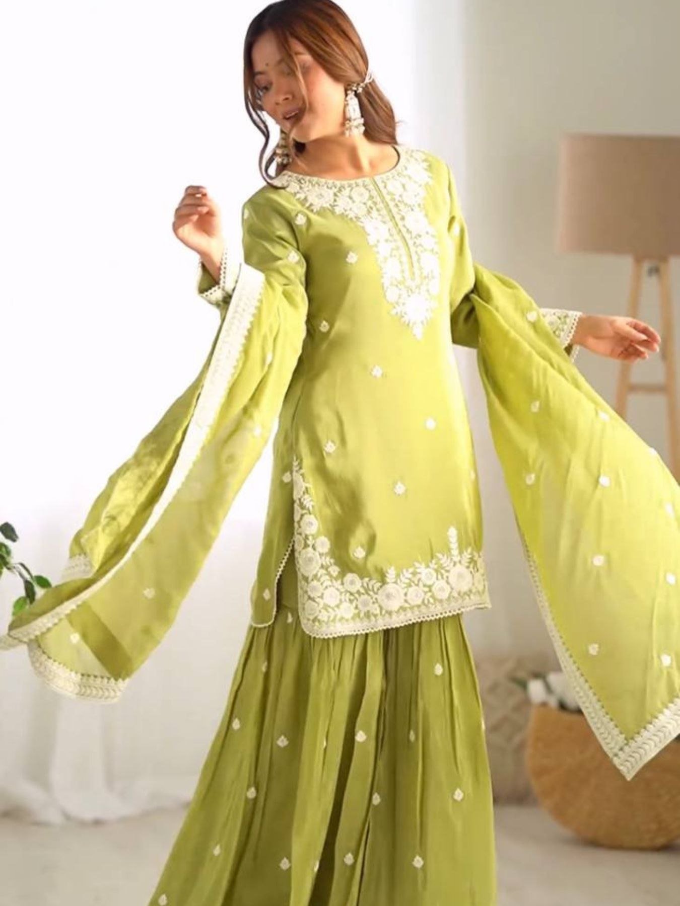 slim fit dress slacks Festive Amazing Dark Green Heavy Silk Sharara Suit main image 0
