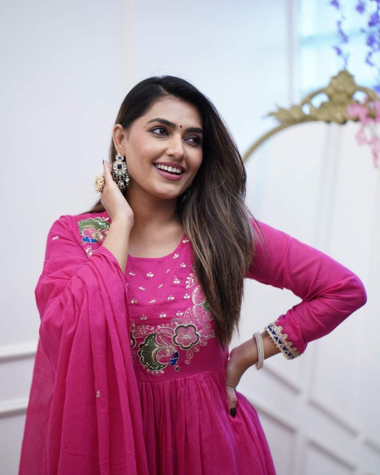 Women's Pink Chinon Silk Sequence Anarkali Kurta Pant With Dupatta
