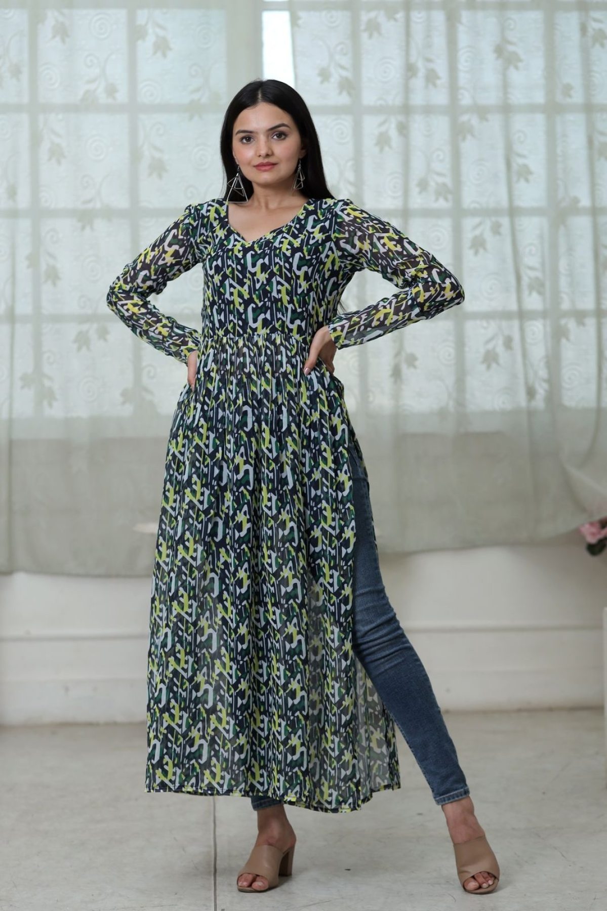 Buy MAERIN Women's Beautiful Rayon 3/4 Sleeves Round Nack Printed  Embroidery Work Nayra Cut Long Kurti with Pant for Ladies & Girls Online at  Best Prices in India - JioMart.