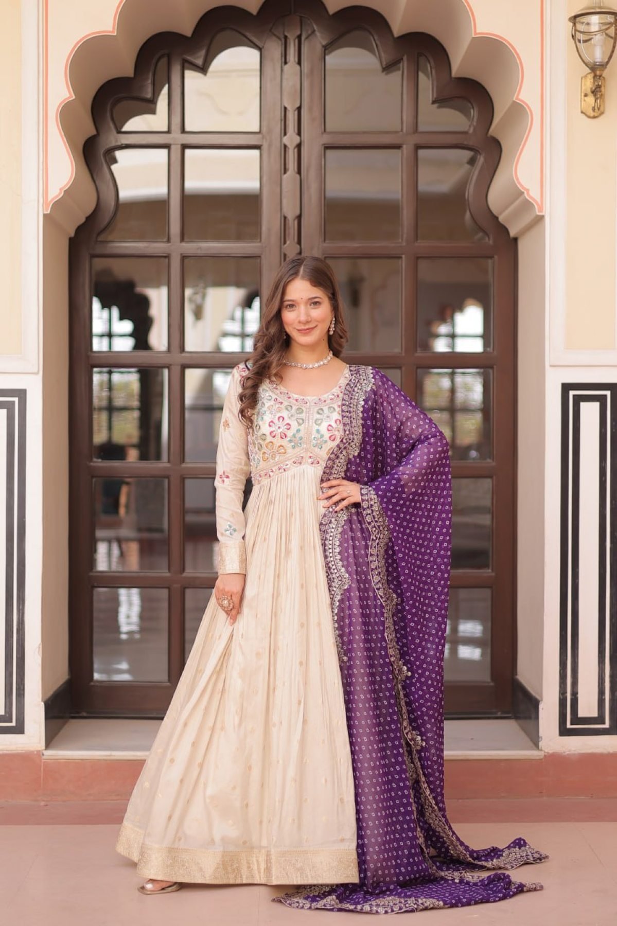 purple dress contrast Designer Embroidered Jacquard Gown with Bandhani Dupatta Set