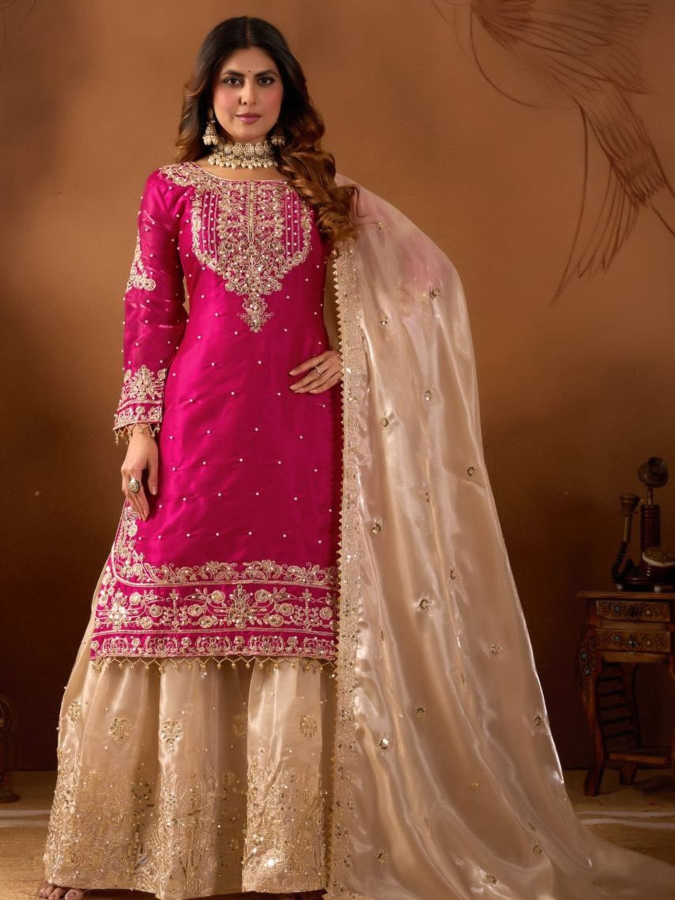 Premium Pure GMY Silk Top, Plazzo & Dupatta – Heavy Sequins, Coding Dori & Moti Hand Work
