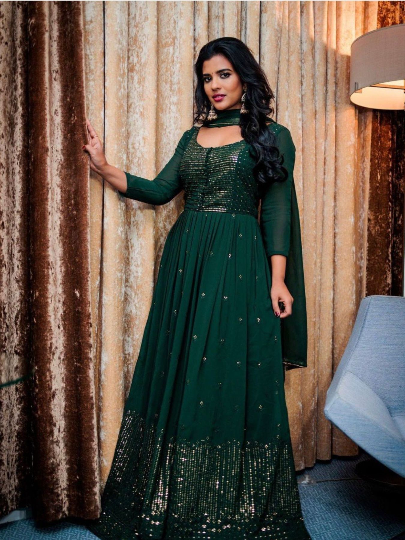 Buy Deep Green Lucknowi Work Georgette Gown With Dupatta Online