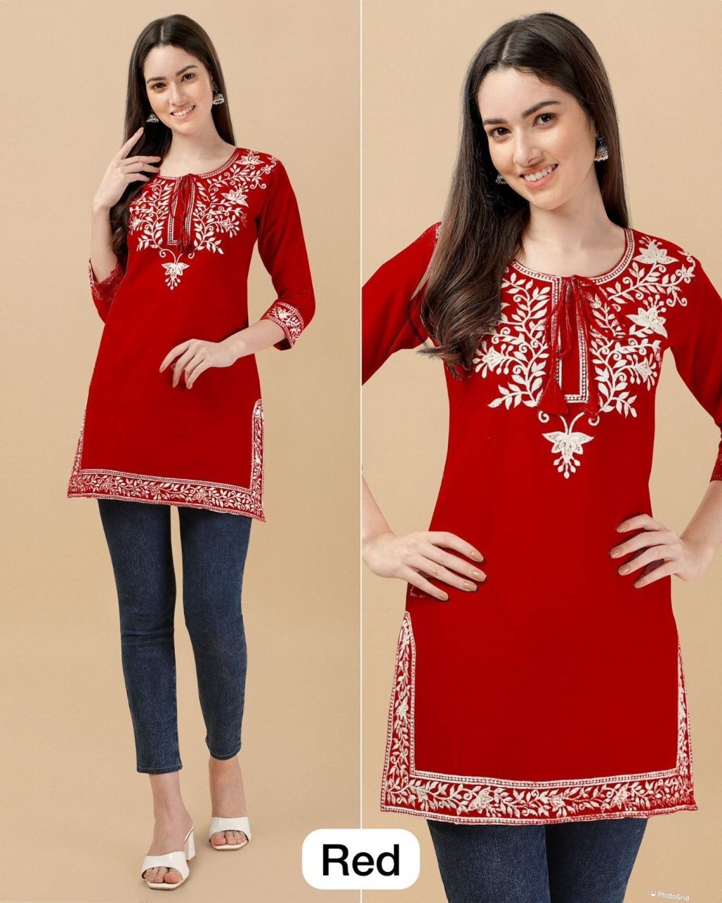 Light Green Rayon Thread Embroidery Straight Short Kurti Tunic Top