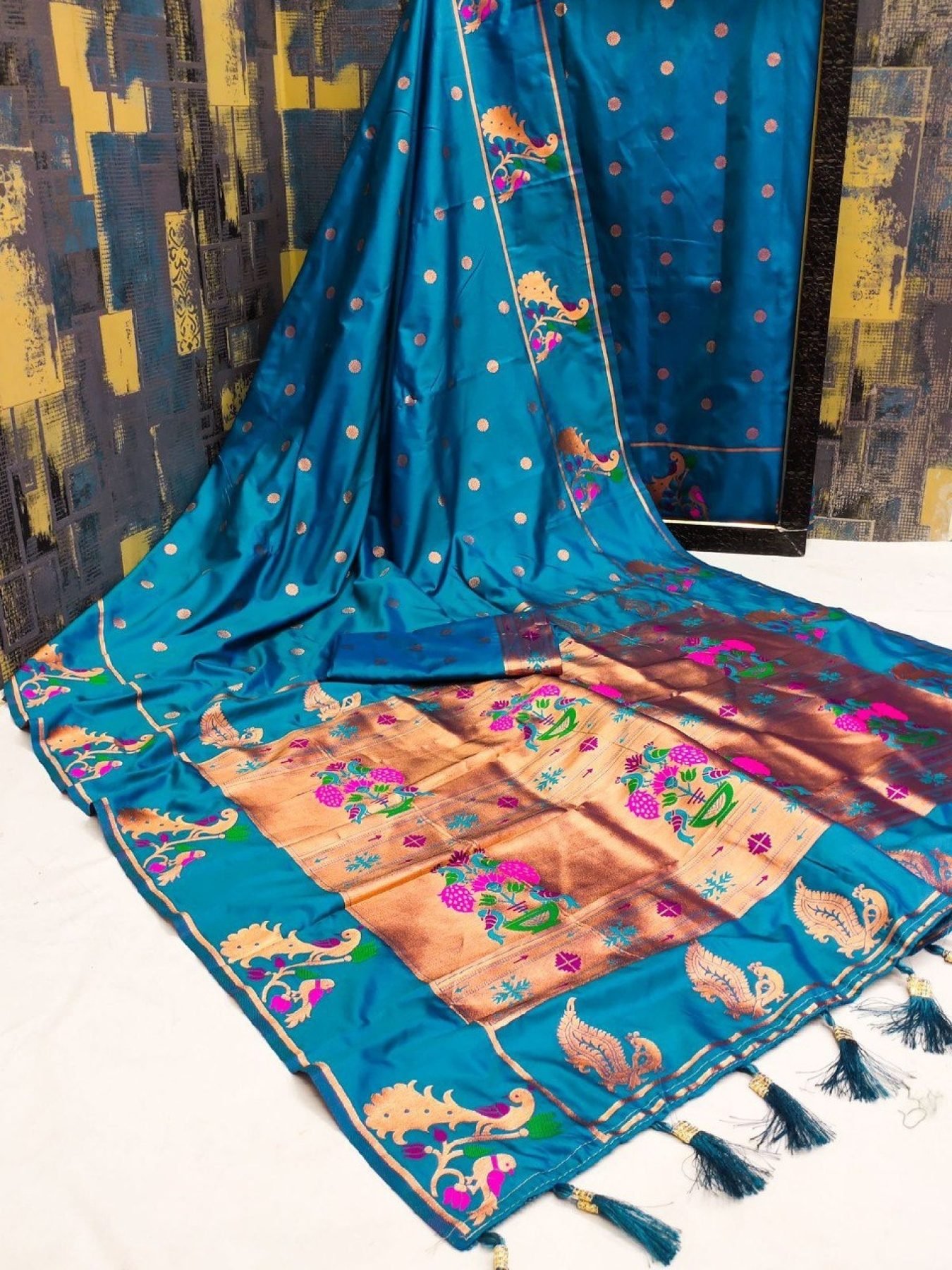 Designer lemon Yellow premium silk unstitched salwar material (lining needed) meenakari weaving patola design on daman, matching silk bottom with zari borders, premium silk cotton full length dupatta with meenakari weaving design pallu. JA260206