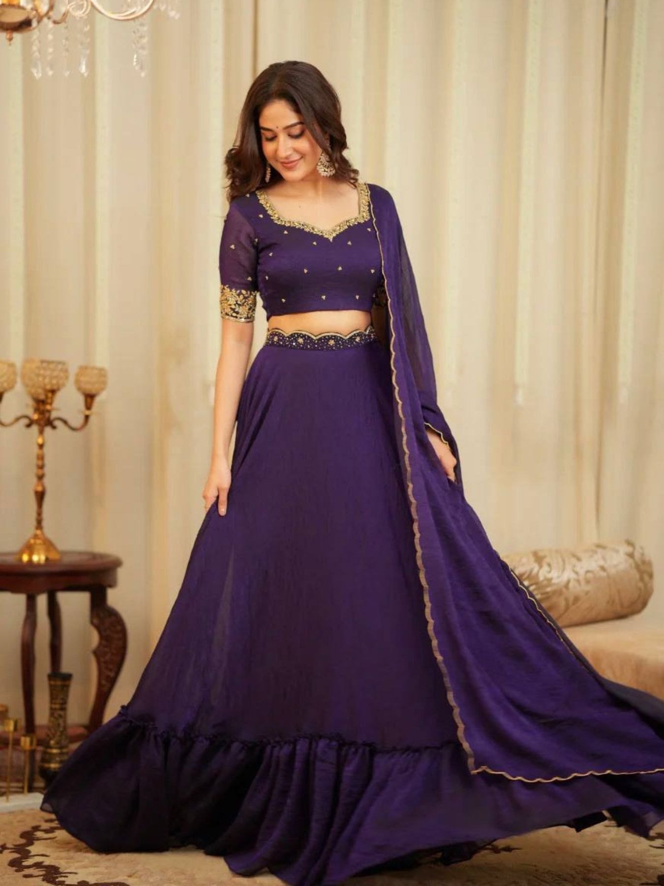 strapless open back dress Dark Purple Party Wear Lehenga Choli
