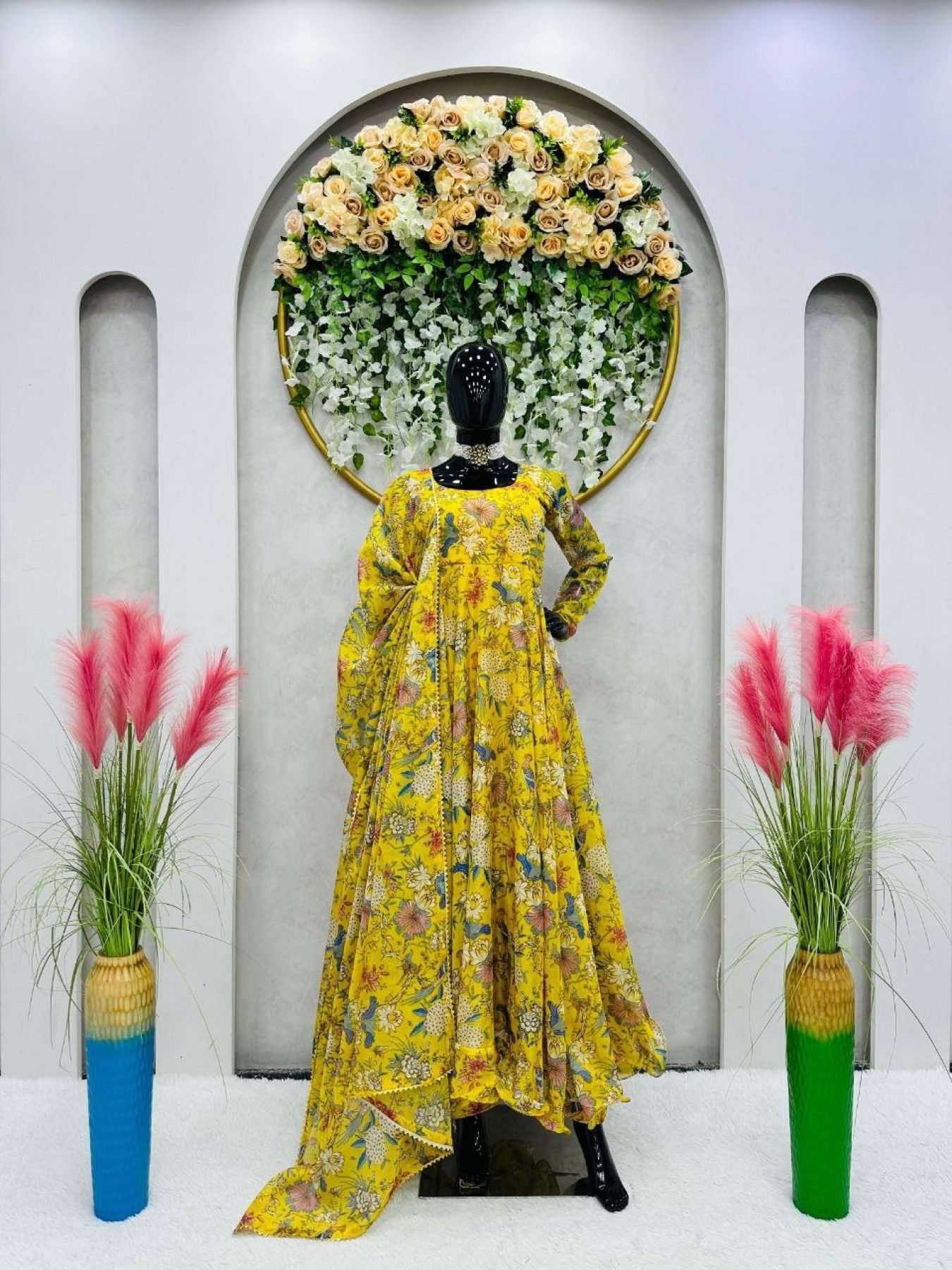 Buy Yellow Silk Organza Floral Printed Anarkali Kurti Set at Rs