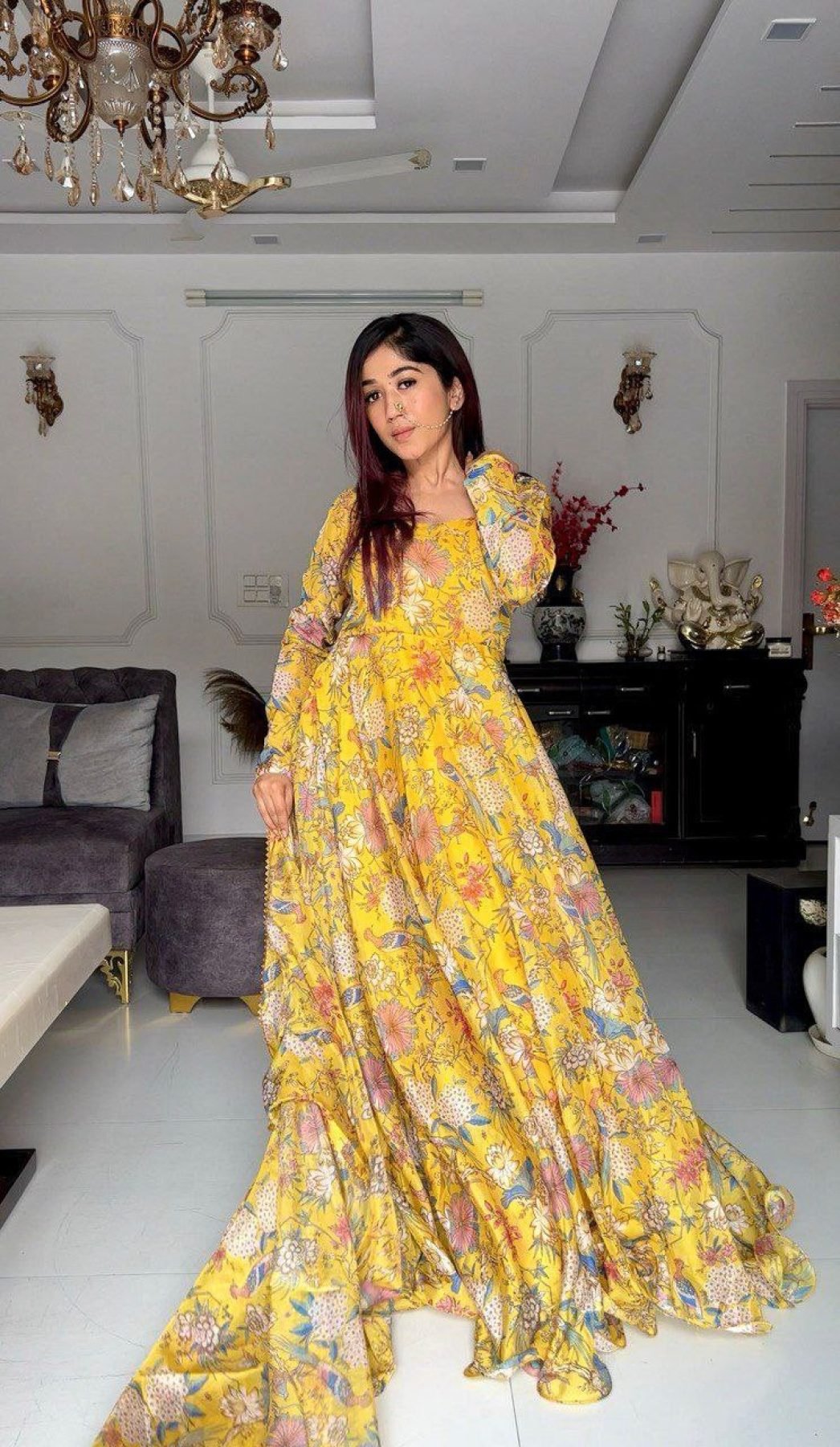 Yellow Floral Printed Mandarin Collar Viscose Rayon Fit and Flare Dress »  BRITHIKA Luxury Fashion