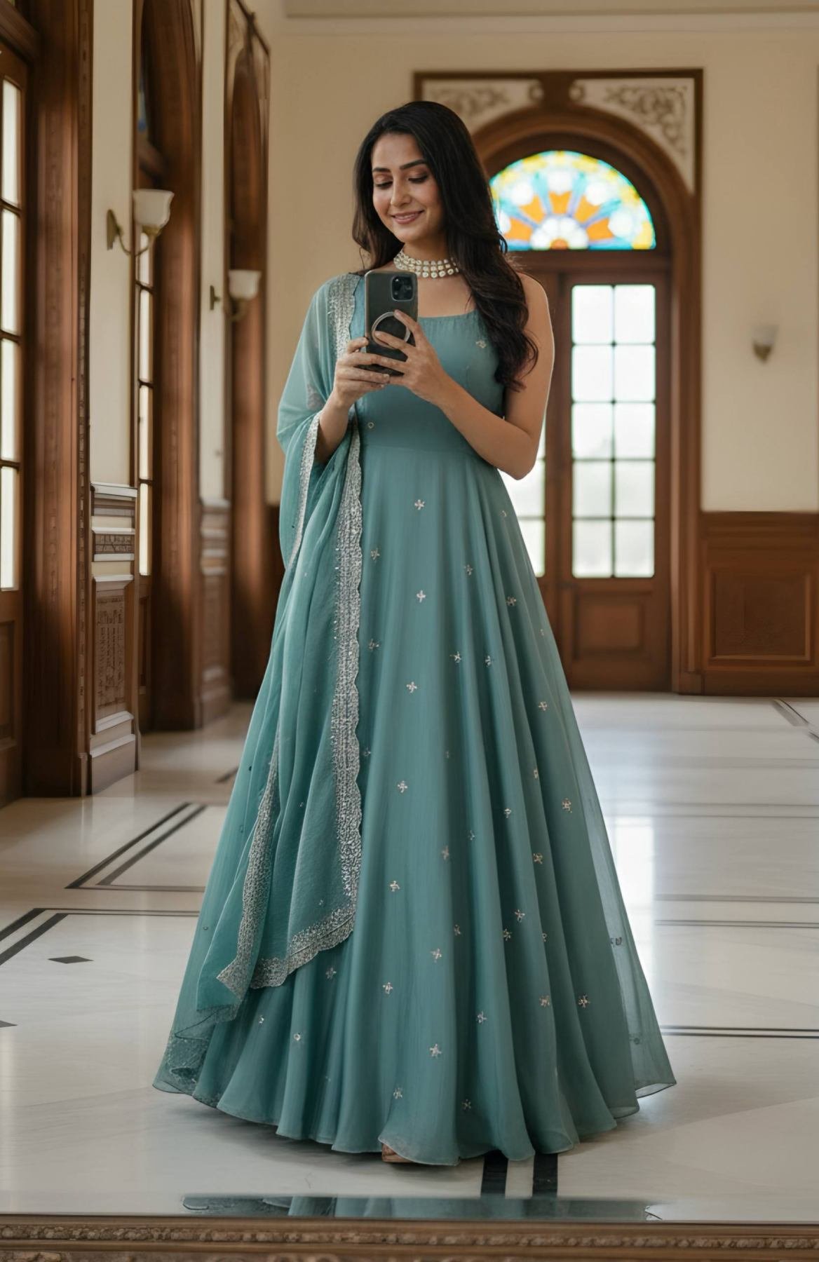 Teal & Green Maslin Digital Printed Festive Anarkali Gown
