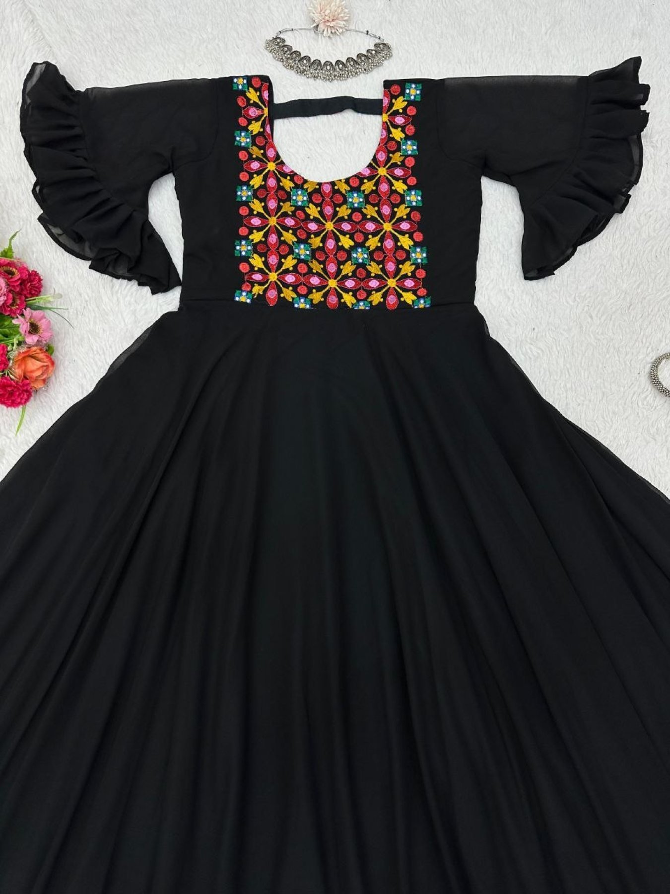 Miraan Black Rayon Gamthi Work Navratri Gown