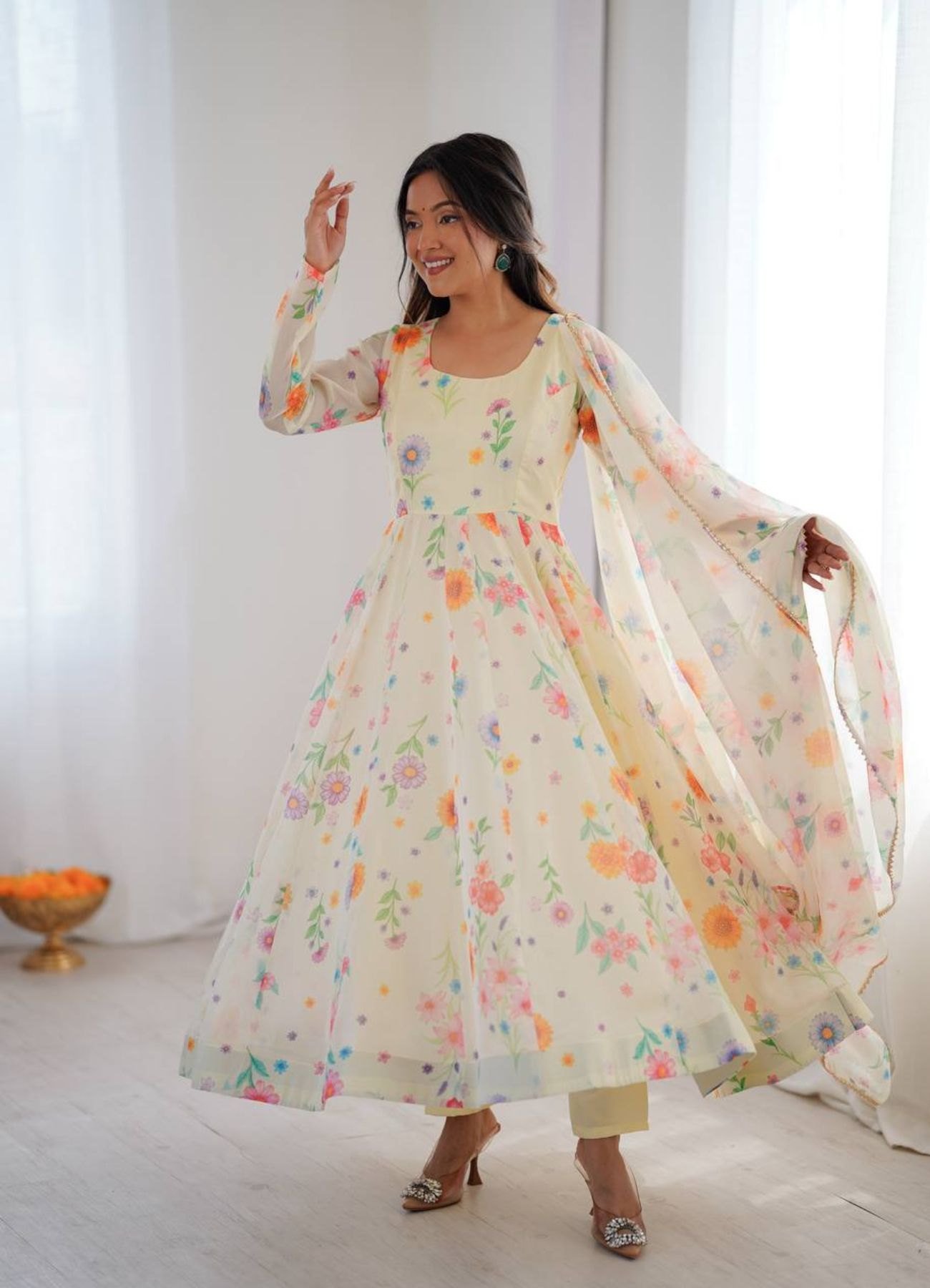 Innovative lightweight organza gown with 4 Mtr Flair & Designer Dupatta for Reseller Special