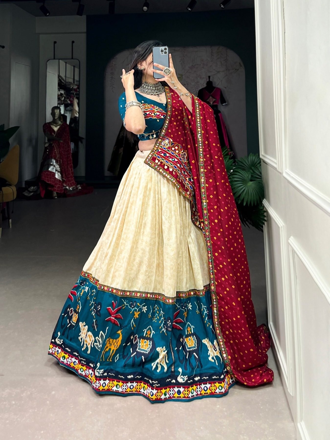 Original Mirror Gamthi Lace Border Fully Stitched Navratri Lehenga Choli in india