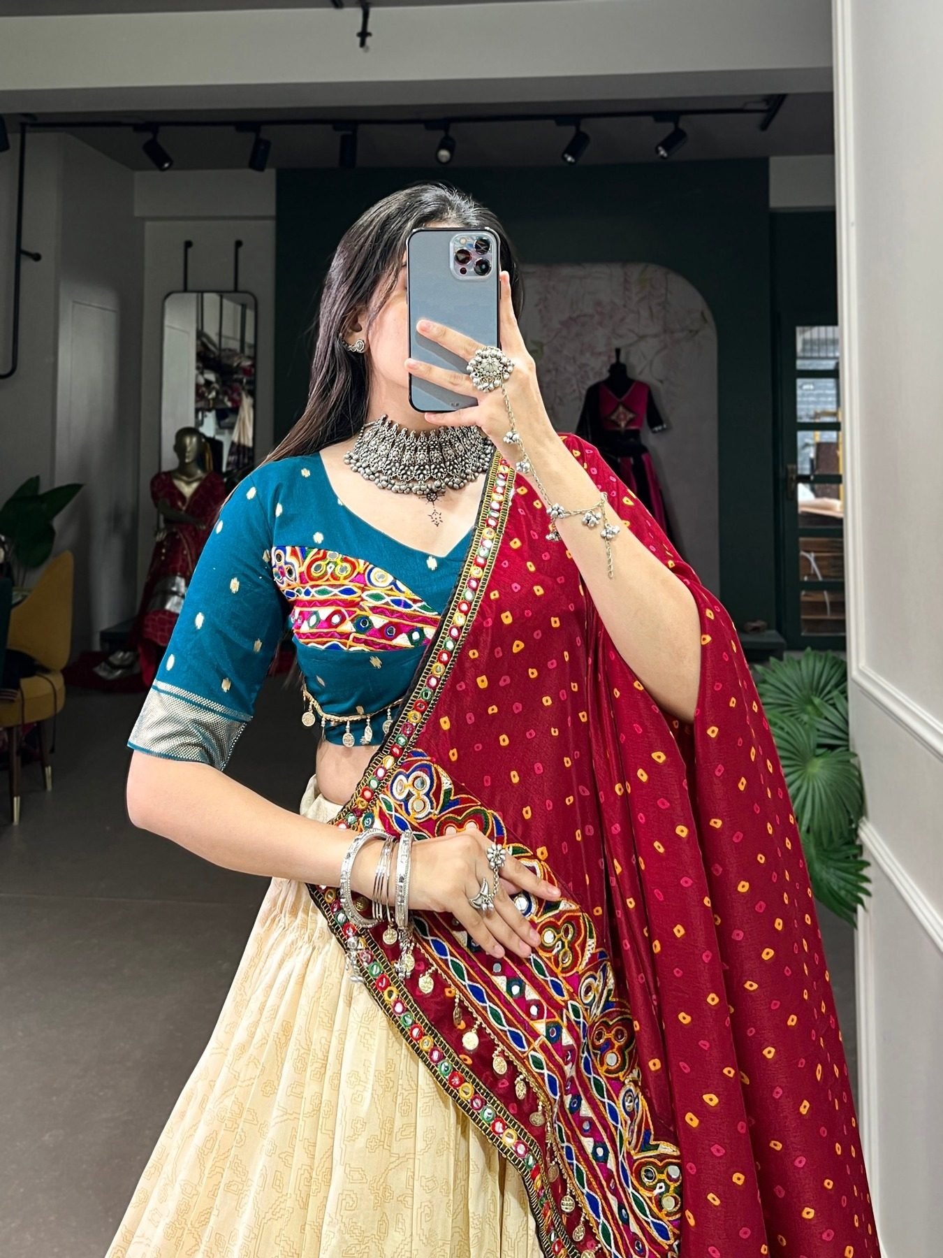 Original Mirror Gamthi Lace Border Fully Stitched Navratri Lehenga