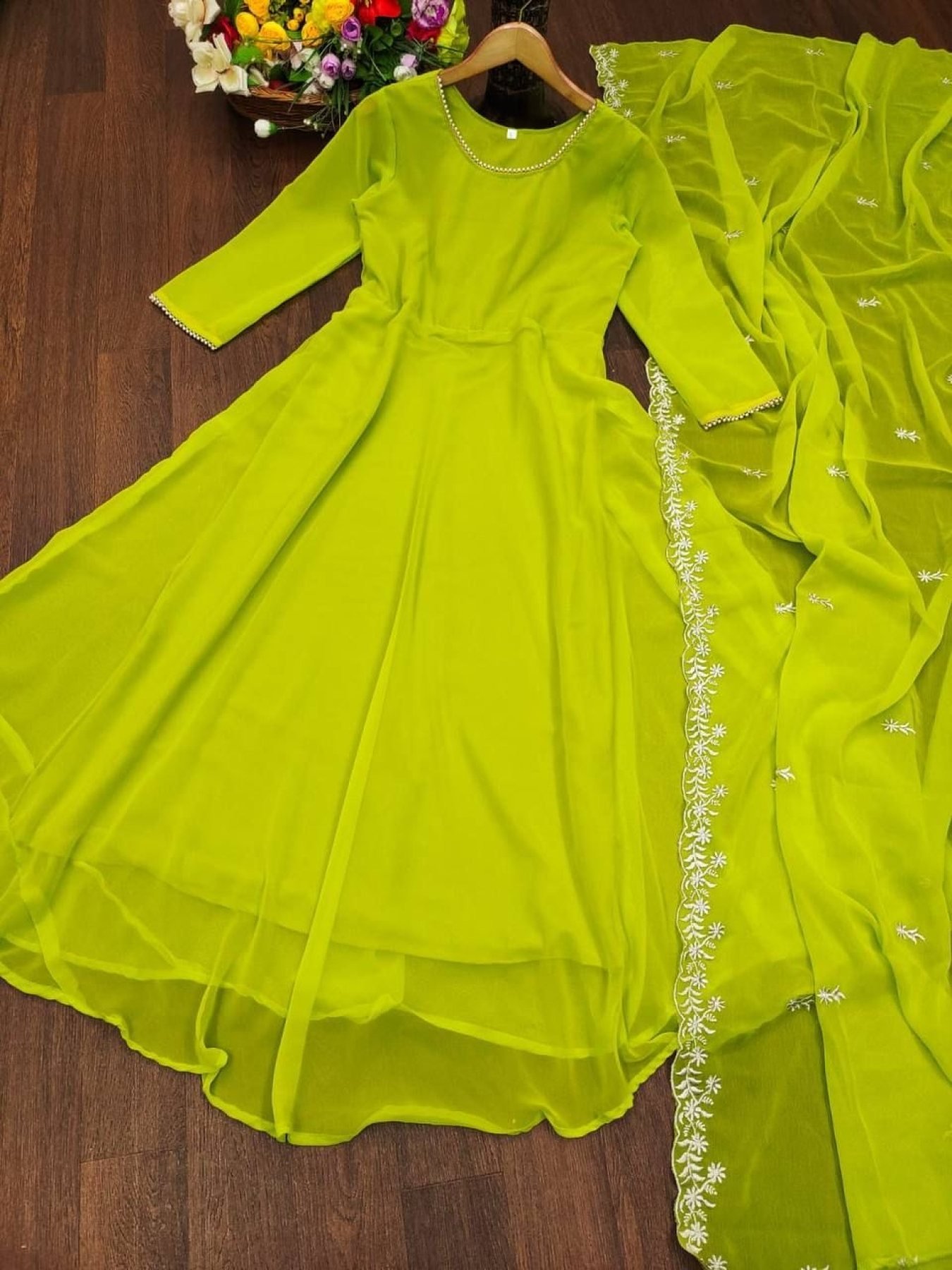 Buy Parrot Green Anarkali Salwar Suit with Pearl Lace at Rs. 8.74