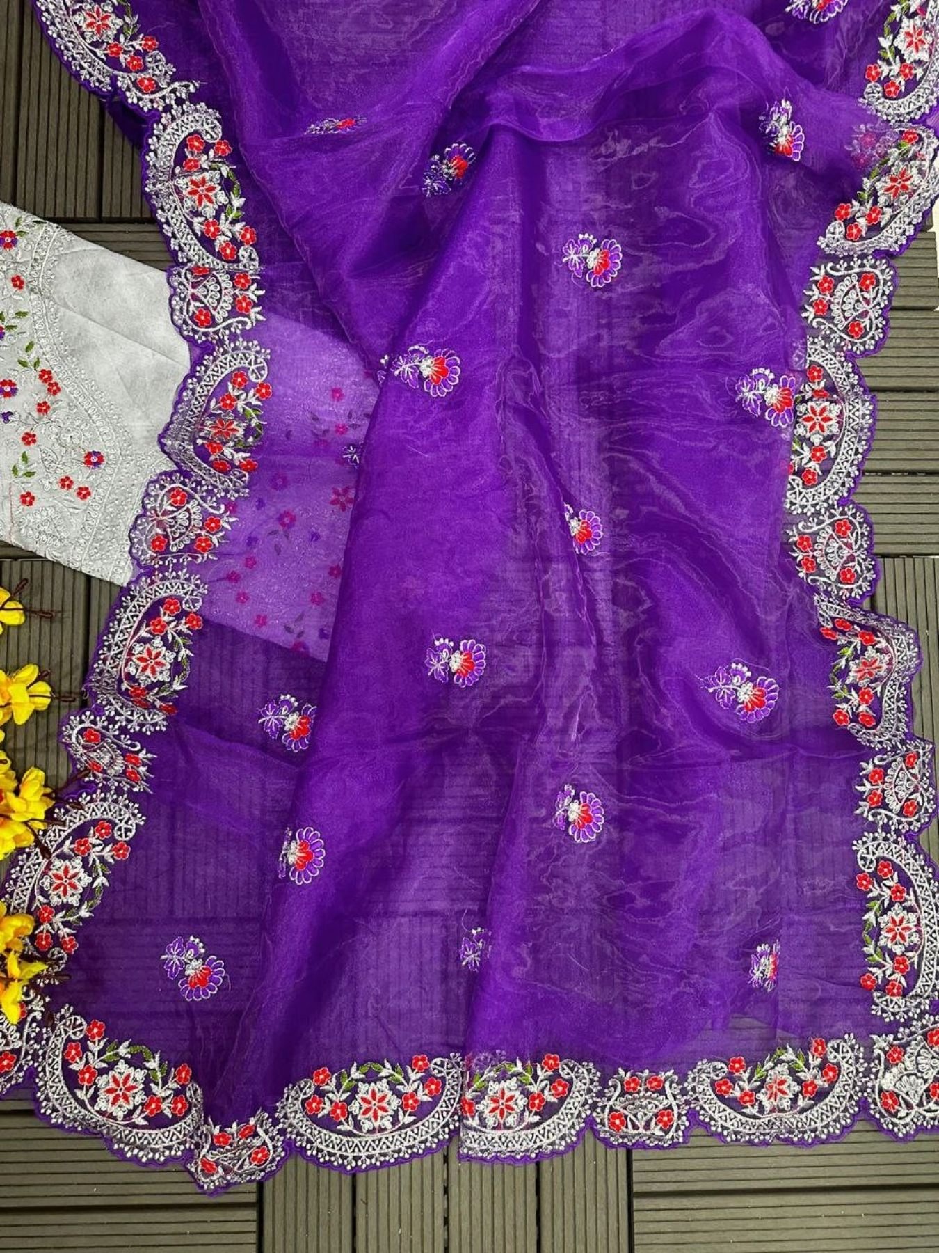 Women Party Wear Plain Purple Colour Organza Silk Saree Collection