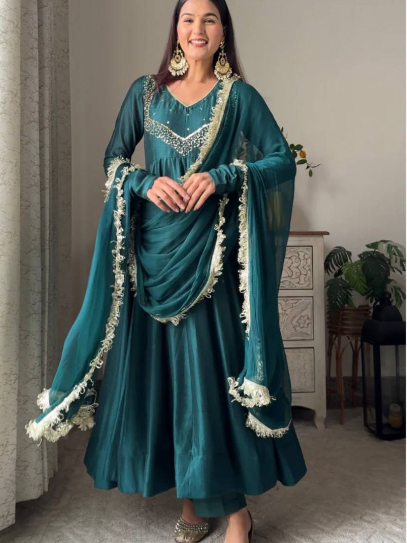 Teal Blue Georgette Anarkali Suit with bottom and dupatta
