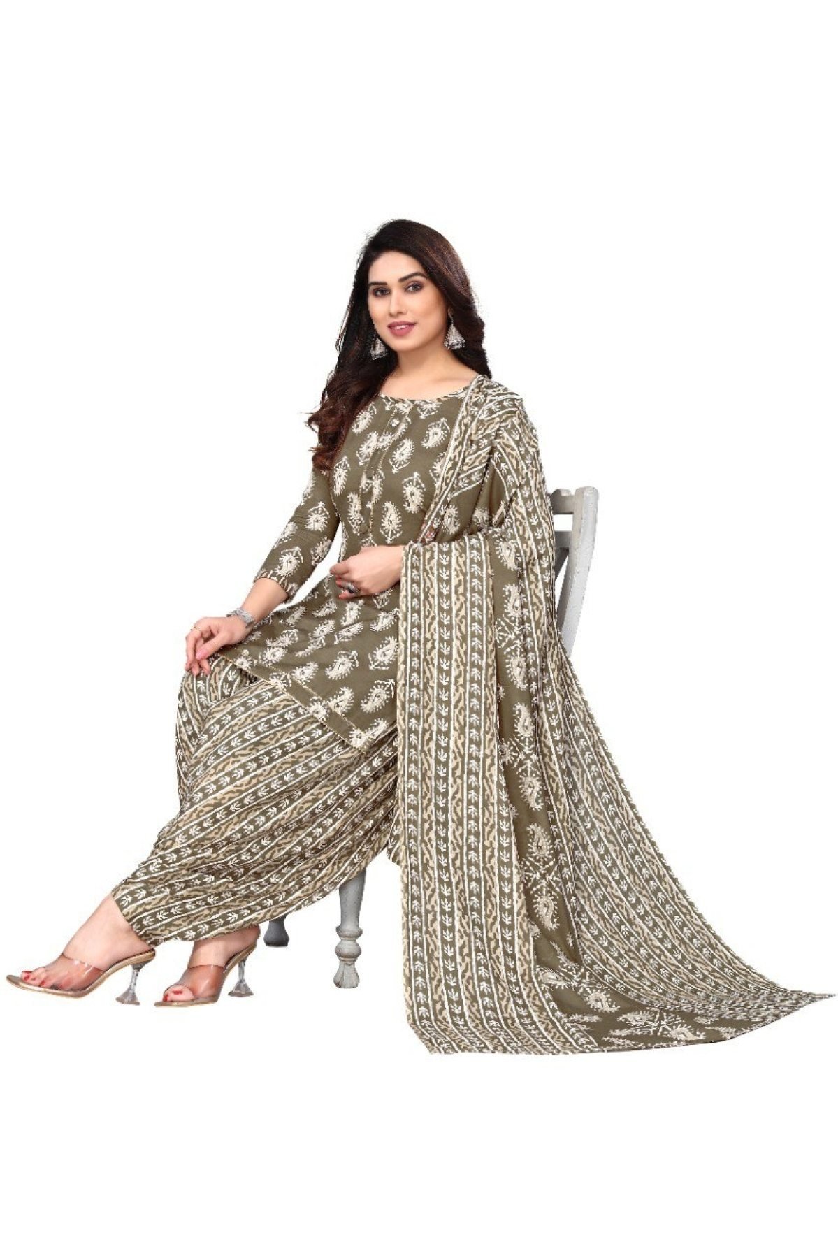 chinese dress ladies Pastel Green and Beige Linen Cotton Dress Material With Embroidery But   Maatshi