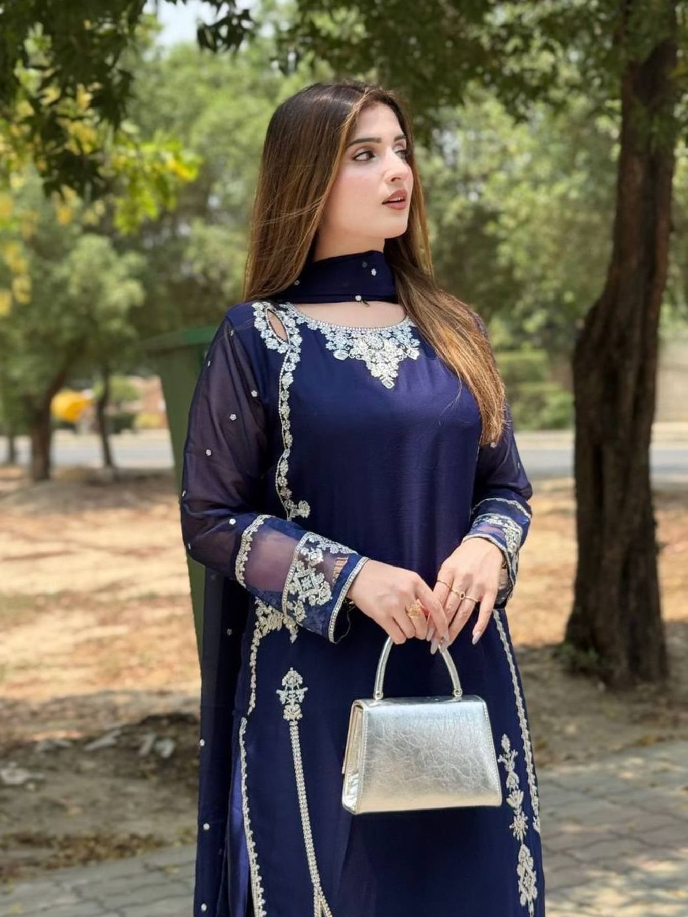 Exclusive Faux Georgette Digital Print Mirror Work Suit Set