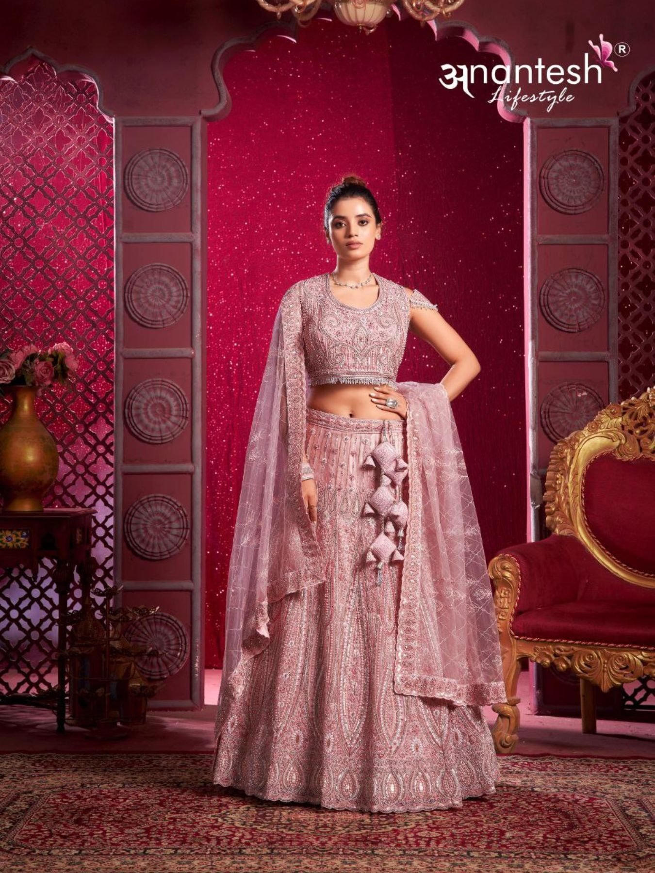 Premium Net Lehenga Choli  with 5 Meter Flair, Mirror & Zarkan Handwork For Wedding At Wholesale Rate 