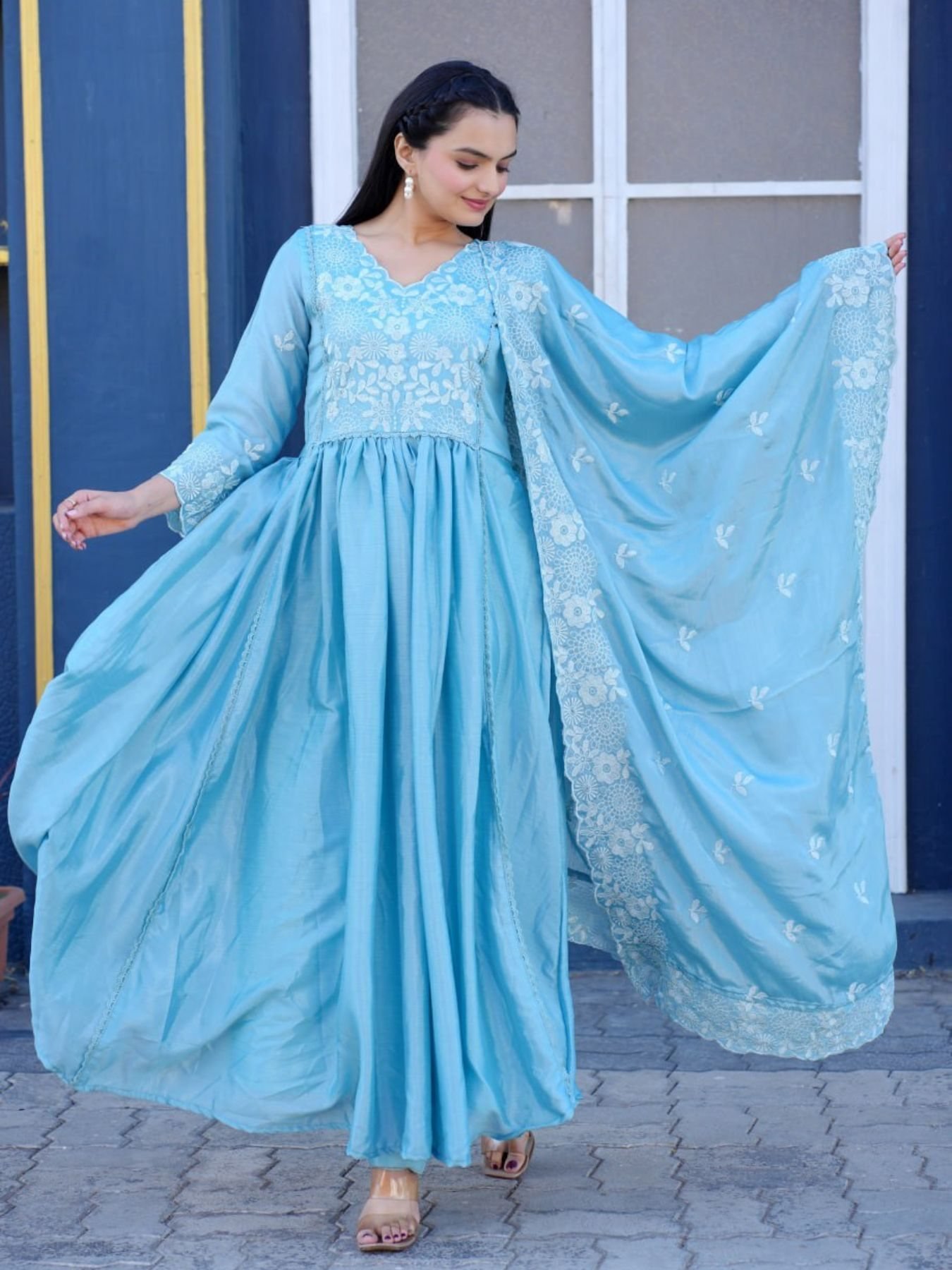 Women’s Chinon Silk Embellished Gown with Pant & Dupatta main image 1