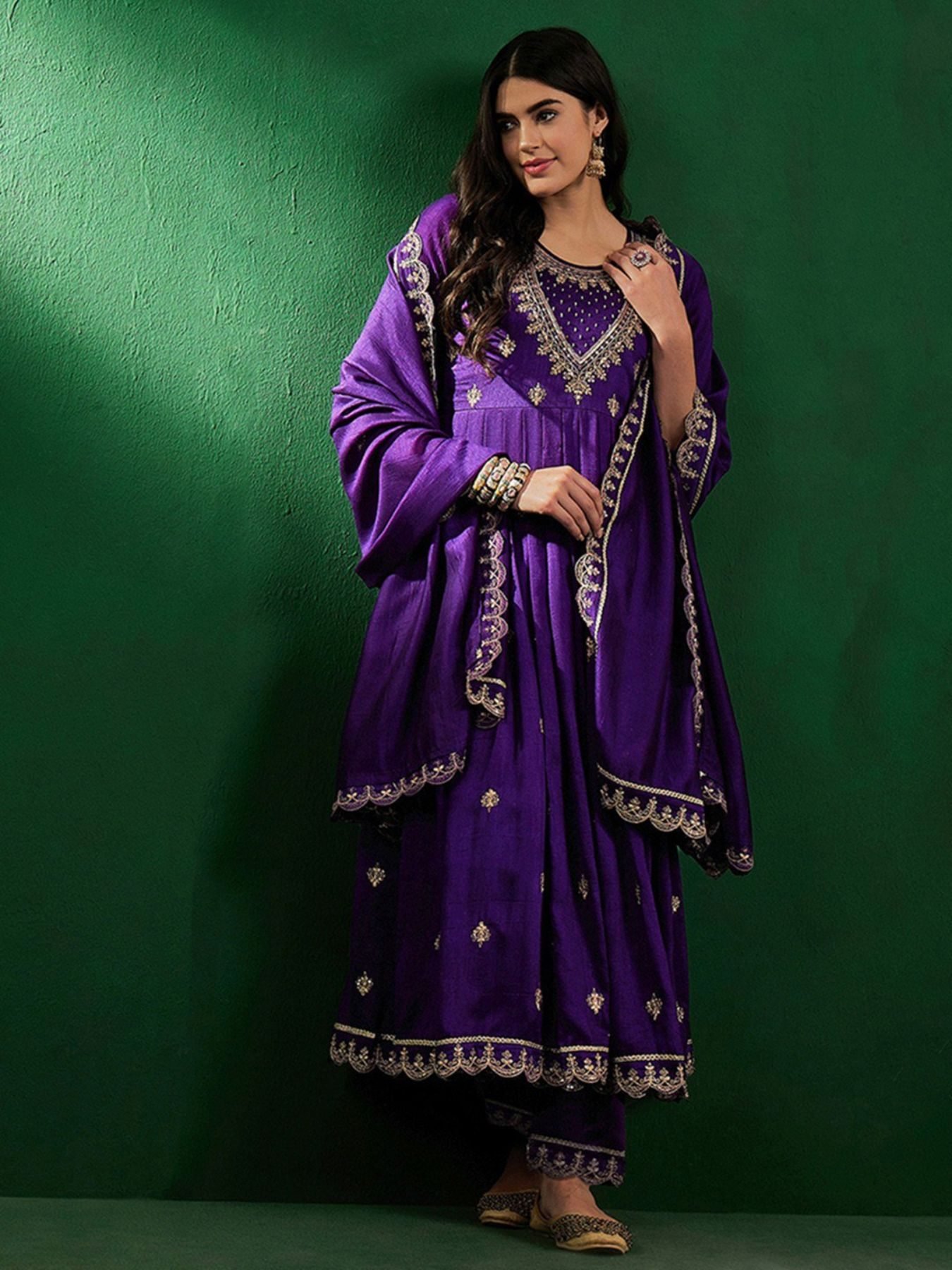 Women's Purple Cp Vichitra Embroidered Anarkali Kurta Pant With Dupatta