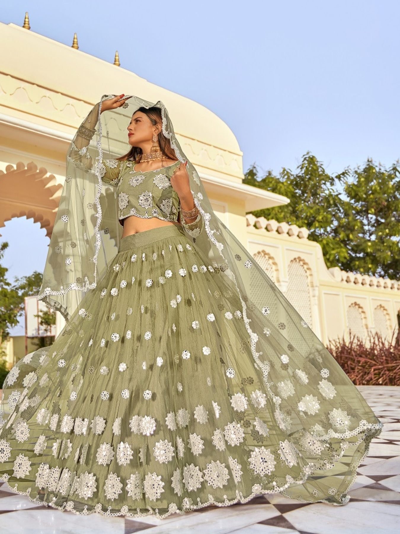 Buy Sand Mirror Work Net Festival Wear Lehenga Choli at Rs. 3850 online  from Royal Export Designer Lehenga Choli : RE883