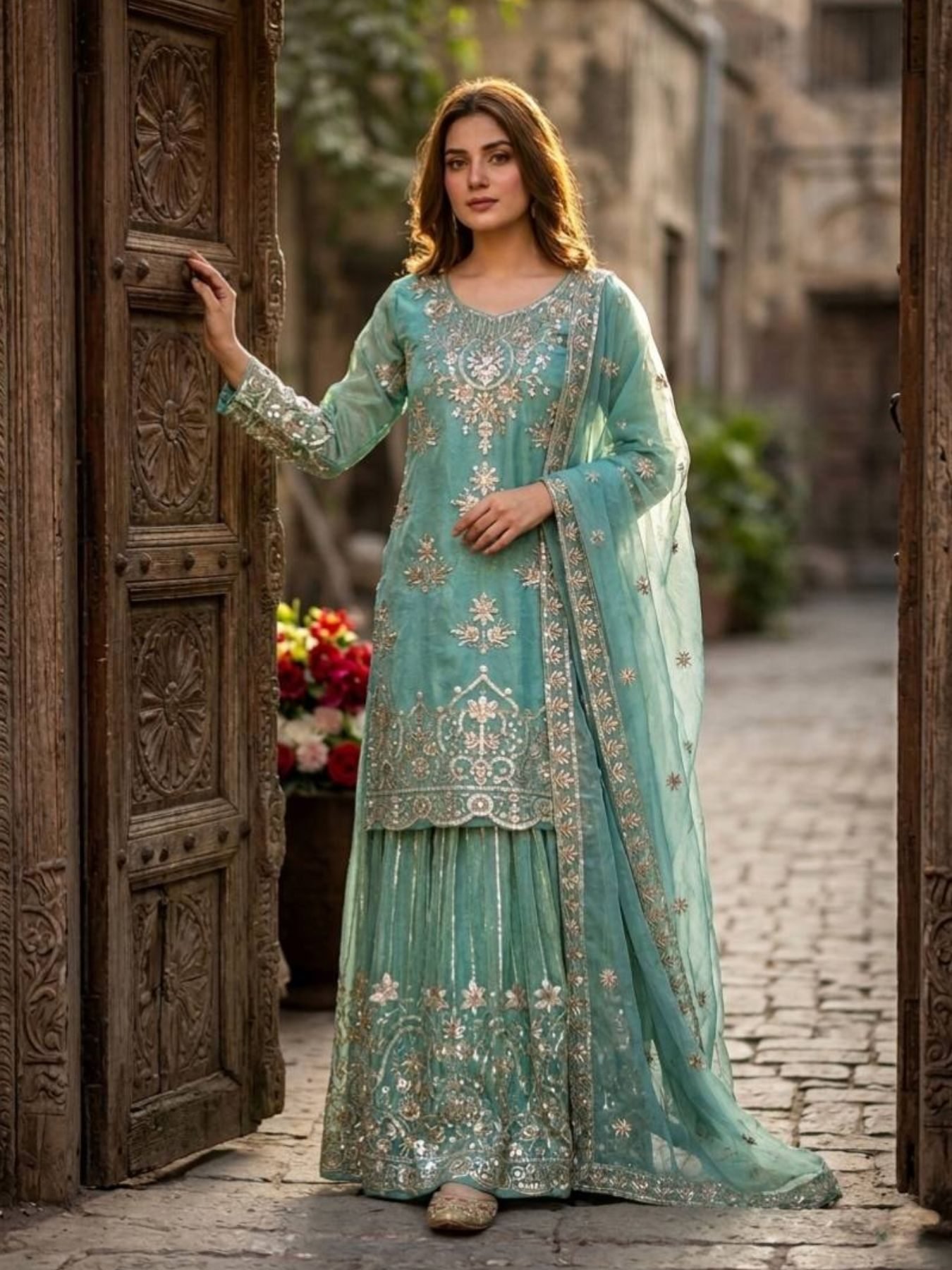 organza sharara dress Peach Organza Floral Embroidered Party Wear Sharara Set by Saanjh by Lea at Pernia's Pop Up Shop 2026