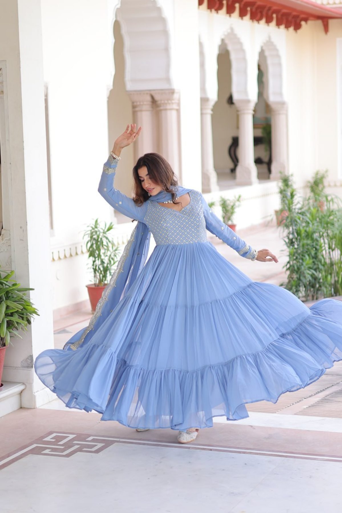 Women sky blue Faux Georgette With Sequins & Zari Embroidered gown with dupatta