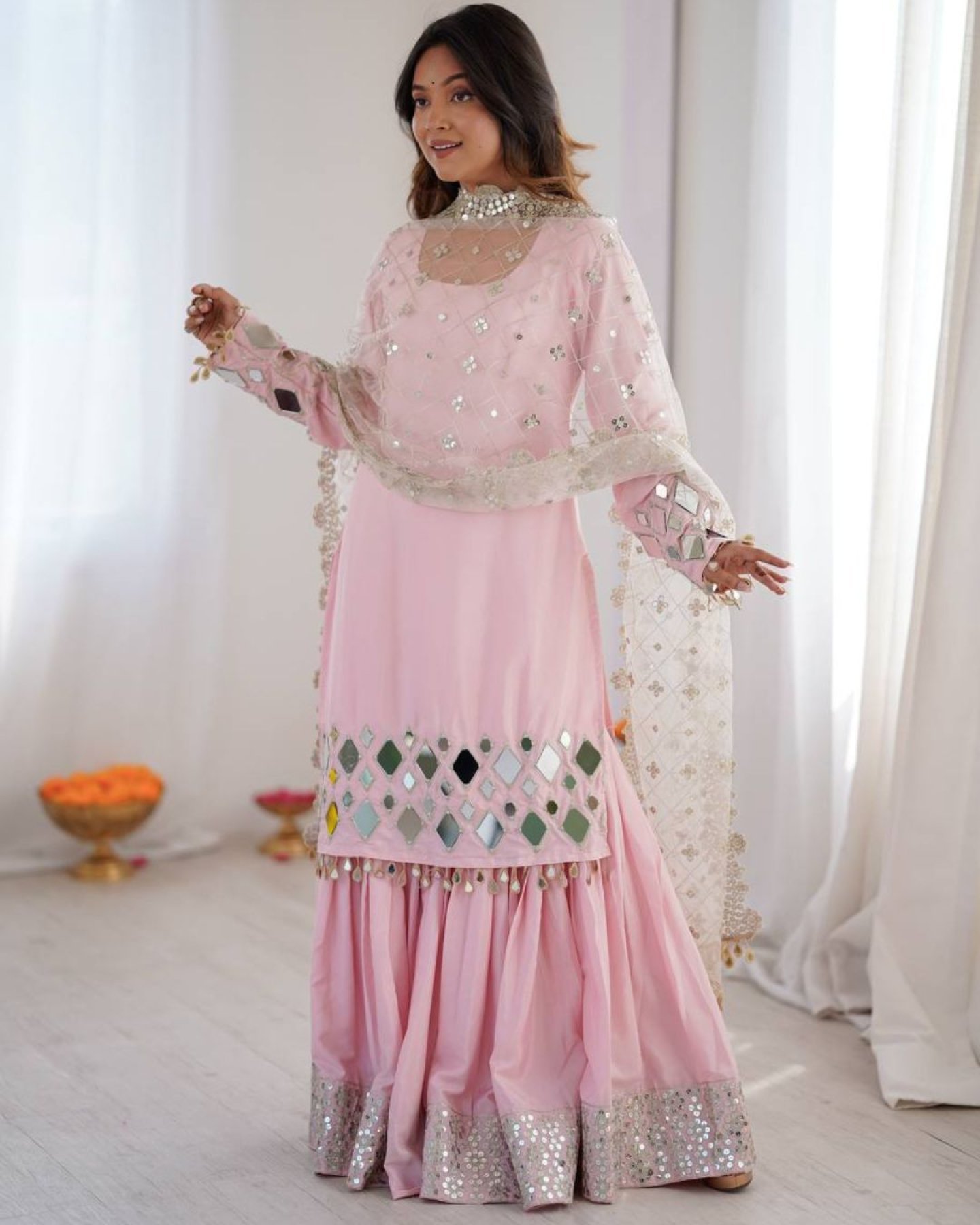 Buy Stylish Baby Pink Real Mirror Work Suit With 9MM Sequence Detailing  Sharara And Dupatta at Rs. 1950 online from Royal Export Ready To Wear  Collection : RE9559