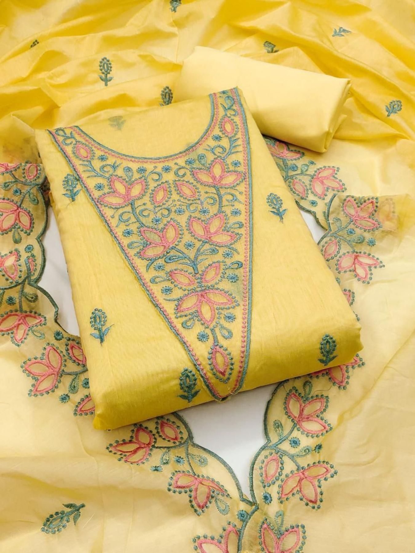 sheer embroidered floral dress Hand Embroidered Off White & Pink Phulkari Georgette Suit Set