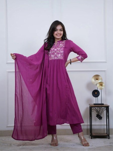   Chic Rani Pink Cotton Embroidered Kurti Pant with Cotton Dupatta for Office Wear 3 Piece Kurti Set