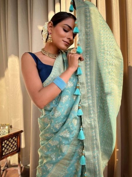 * STUNNING TURQUOISE GREEN BANARASI SAREE WITH HEAVY BROCADE BLOUSE * Banarasi Saree Wholesale