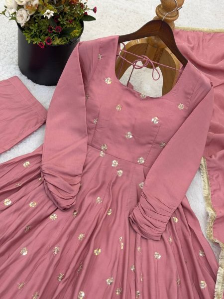 2026 Roman Silk Embroidery Work Long Anarkali Gown with Pant and Jarkan Work Dupatta Set Ready To Wear Collection