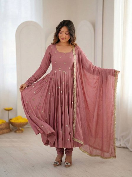 2026 Roman Silk Embroidery Work Long Anarkali Gown with Pant and Jarkan Work Dupatta Set Ready To Wear Collection