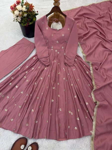 2026 Roman Silk Embroidery Work Long Anarkali Gown with Pant and Jarkan Work Dupatta Set Ready To Wear Collection