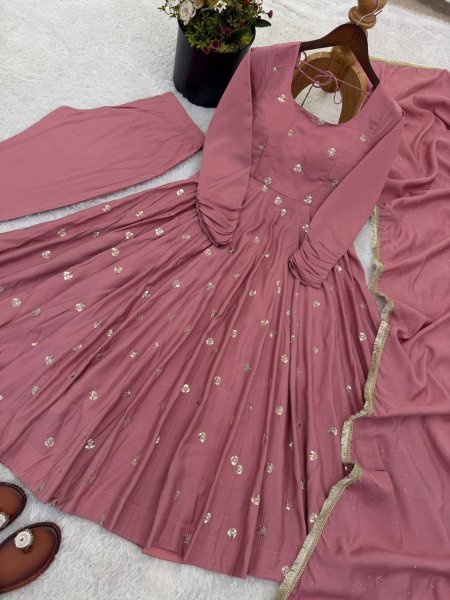 2026 Roman Silk Embroidery Work Long Anarkali Gown with Pant and Jarkan Work Dupatta Set Ready To Wear Collection