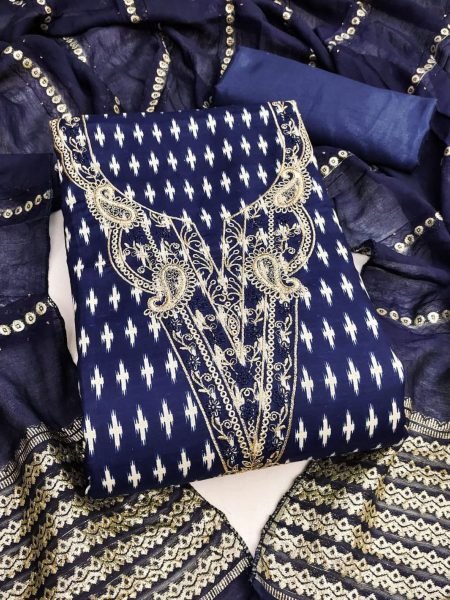 3 Piece Dress Material Set Navy Blue Cotton with Jarkan Sequins Jacquard Dupatta Dress Material 