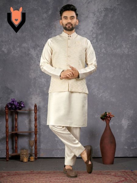 3 Piece Kurta Pajama Koti Set Premium Silk Indian Outfit Mens Wear