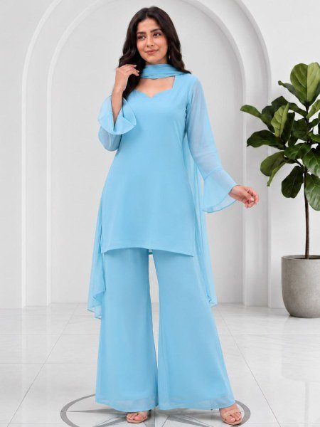 90s Style Sky Blue Georgette Palazzo Suit Set with Elegant Sleeves and Dupatta