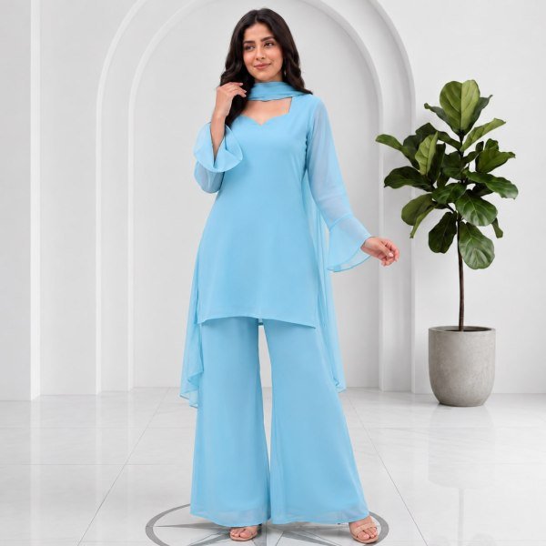 90s Style Sky Blue Georgette Palazzo Suit Set with Elegant Sleeves and Dupatta Full Set Kurti