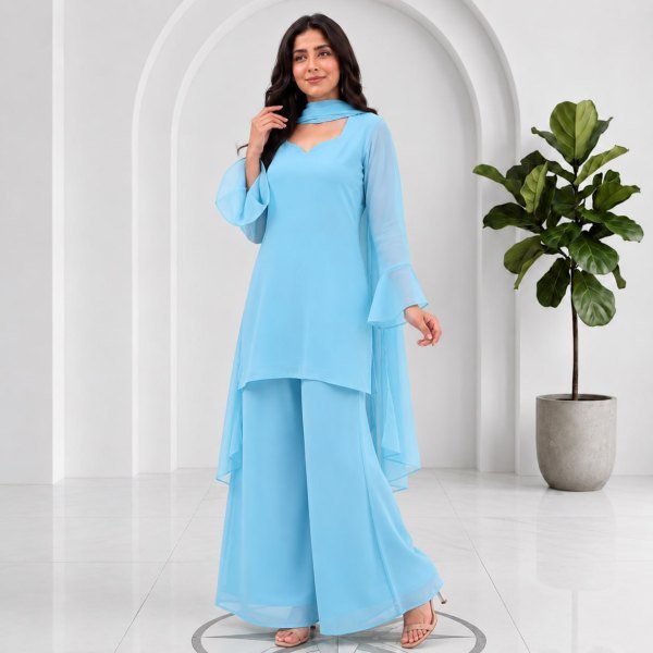 90s Style Sky Blue Georgette Palazzo Suit Set with Elegant Sleeves and Dupatta Full Set Kurti