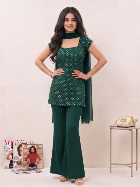 90s Style Soft Georgette Bell Palazzo Dress Set with Embroidered Top and Dupatta Kurtis