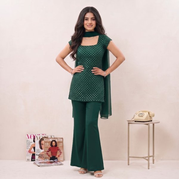 90s Style Soft Georgette Bell Palazzo Dress Set with Embroidered Top and Dupatta Full Set Kurti