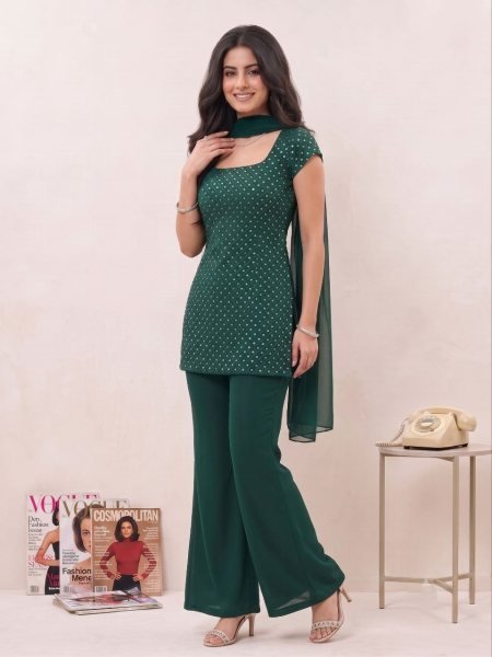 90s Style Soft Georgette Bell Palazzo Dress Set with Embroidered Top and Dupatta Full Set Kurti