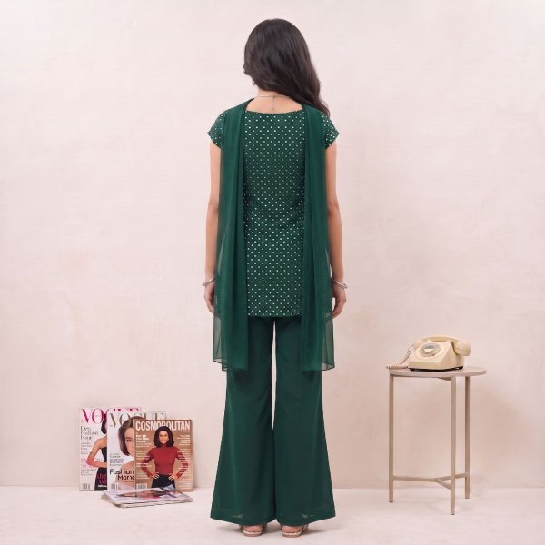 90s Style Soft Georgette Bell Palazzo Dress Set with Embroidered Top and Dupatta Full Set Kurti
